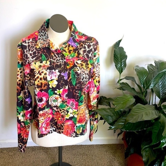 Candy Couture Cotton button embellished Jacket Light Animal Print Floral Size XL - Picture 1 of 8